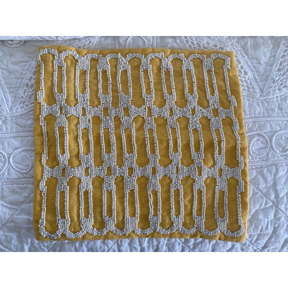 Vintage Pier 1 Beaded Pillow Cover Yellow Excellent Condition Logo Pull 11x11"